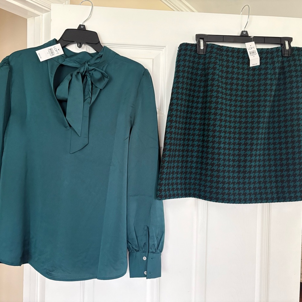 LOFT Teal Bow Blouse & Teal/Black Houndstooth Skirt Set